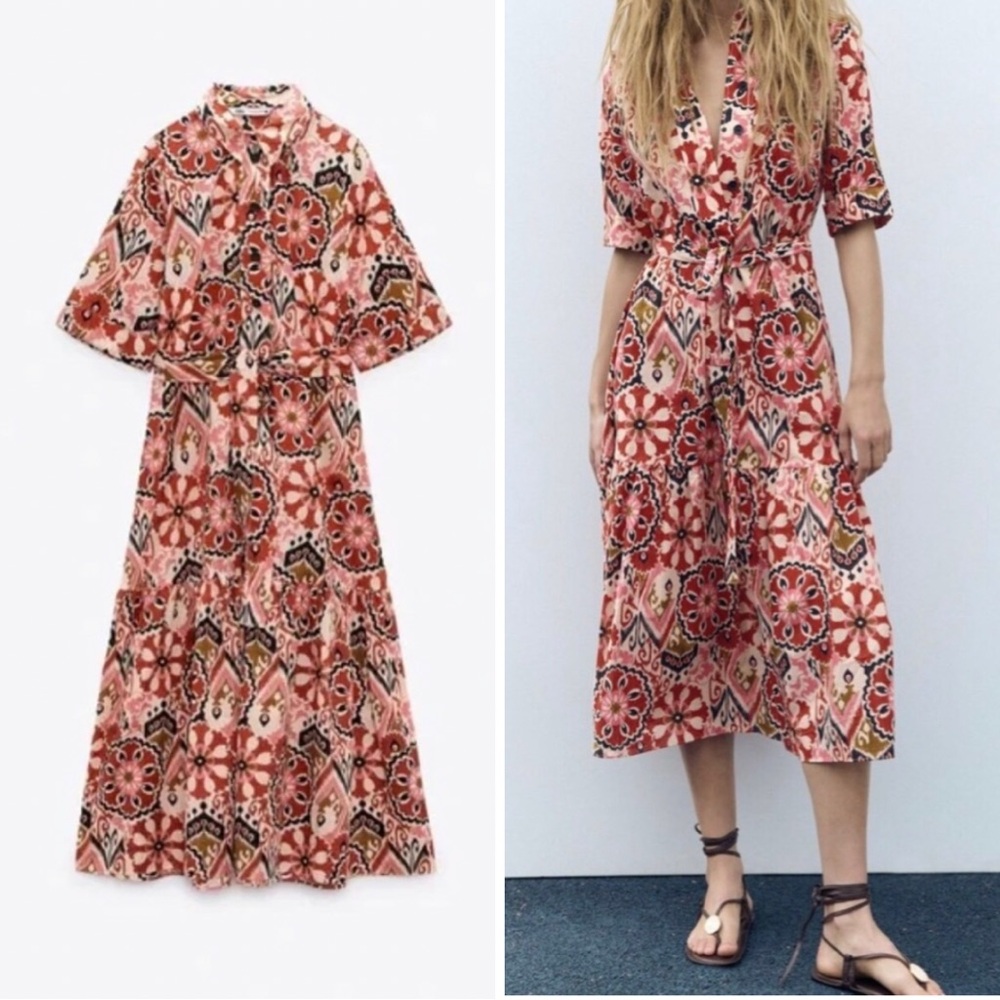 Zara Alesia belted midi print maxi dress | red & black multi floral tribal print